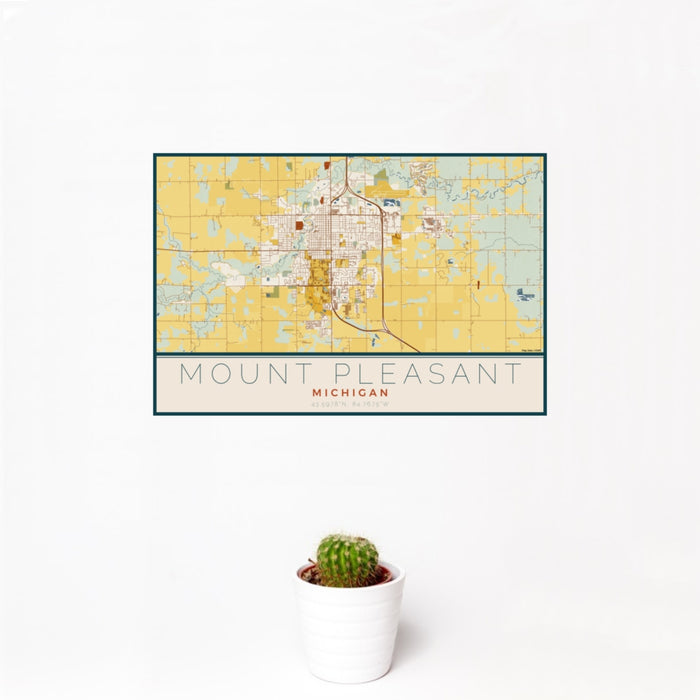 12x18 Mount Pleasant Michigan Map Print Landscape Orientation in Woodblock Style With Small Cactus Plant in White Planter