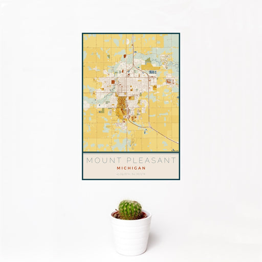 12x18 Mount Pleasant Michigan Map Print Portrait Orientation in Woodblock Style With Small Cactus Plant in White Planter