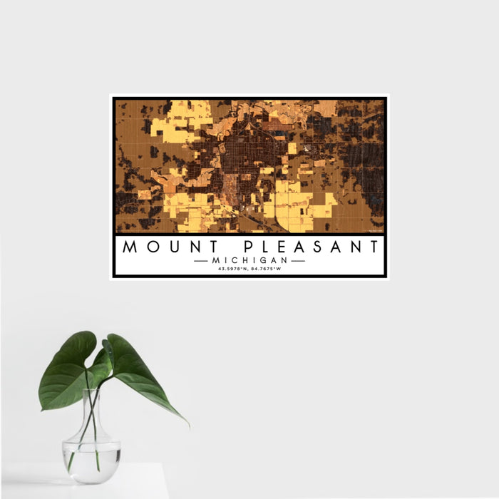 16x24 Mount Pleasant Michigan Map Print Landscape Orientation in Ember Style With Tropical Plant Leaves in Water