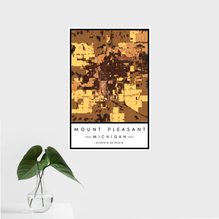 16x24 Mount Pleasant Michigan Map Print Portrait Orientation in Ember Style With Tropical Plant Leaves in Water