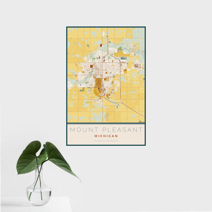 16x24 Mount Pleasant Michigan Map Print Portrait Orientation in Woodblock Style With Tropical Plant Leaves in Water