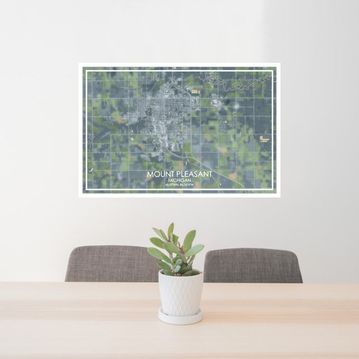 24x36 Mount Pleasant Michigan Map Print Lanscape Orientation in Afternoon Style Behind 2 Chairs Table and Potted Plant