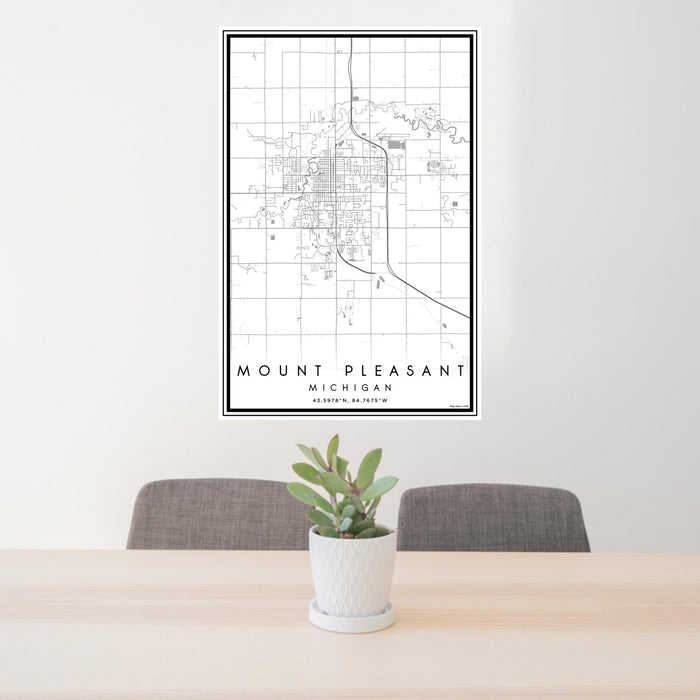 24x36 Mount Pleasant Michigan Map Print Portrait Orientation in Classic Style Behind 2 Chairs Table and Potted Plant