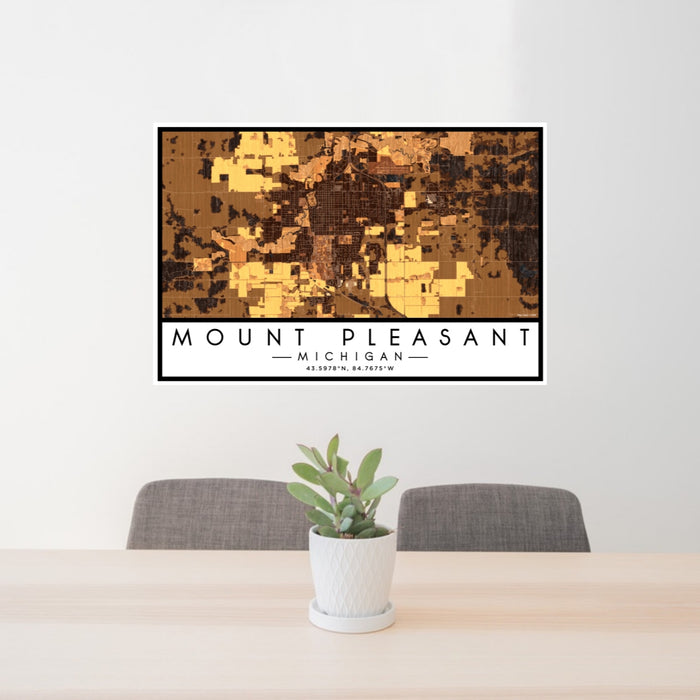 24x36 Mount Pleasant Michigan Map Print Lanscape Orientation in Ember Style Behind 2 Chairs Table and Potted Plant