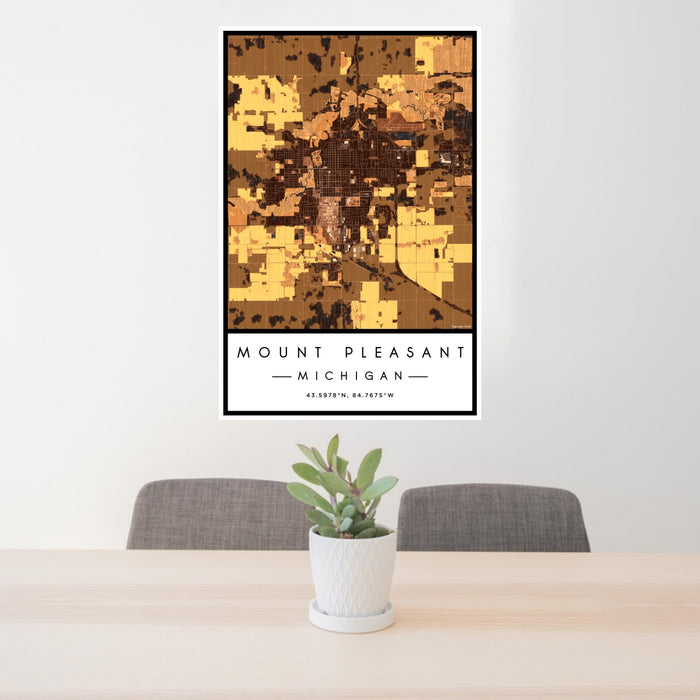 24x36 Mount Pleasant Michigan Map Print Portrait Orientation in Ember Style Behind 2 Chairs Table and Potted Plant