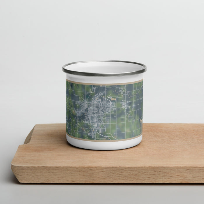 Front View Custom Mount Pleasant Michigan Map Enamel Mug in Afternoon on Cutting Board