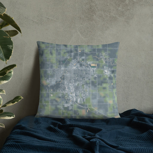 Custom Mount Pleasant Michigan Map Throw Pillow in Afternoon on Bedding Against Wall