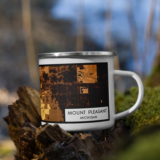 Right View Custom Mount Pleasant Michigan Map Enamel Mug in Ember on Grass With Trees in Background