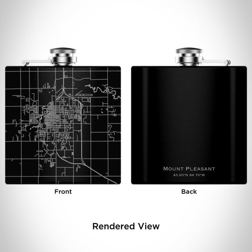 Rendered View of Mount Pleasant Michigan Map Engraving on 6oz Stainless Steel Flask in Black