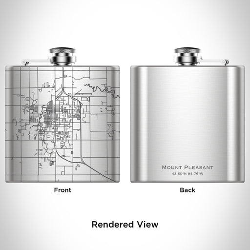 Rendered View of Mount Pleasant Michigan Map Engraving on 6oz Stainless Steel Flask