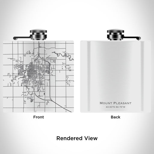 Rendered View of Mount Pleasant Michigan Map Engraving on 6oz Stainless Steel Flask in White
