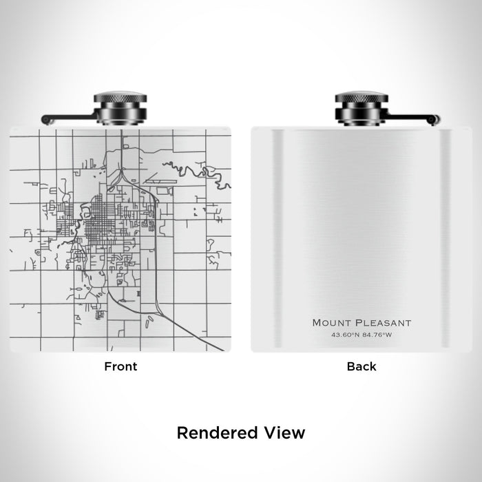 Rendered View of Mount Pleasant Michigan Map Engraving on 6oz Stainless Steel Flask in White