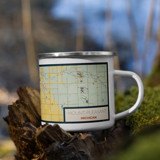 Right View Custom Mount Pleasant Michigan Map Enamel Mug in Woodblock on Grass With Trees in Background