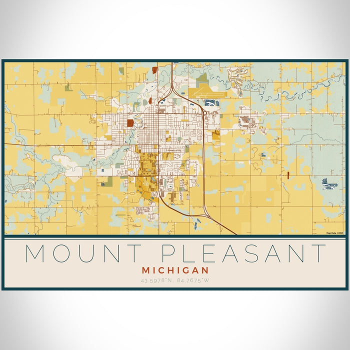 Mount Pleasant Michigan Map Print Landscape Orientation in Woodblock Style With Shaded Background