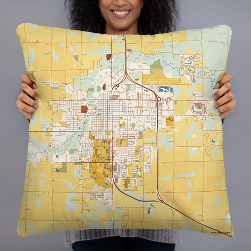 Person holding 22x22 Custom Mount Pleasant Michigan Map Throw Pillow in Woodblock
