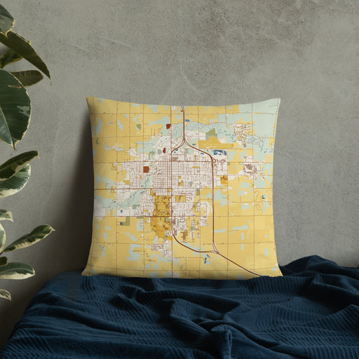 Custom Mount Pleasant Michigan Map Throw Pillow in Woodblock on Bedding Against Wall