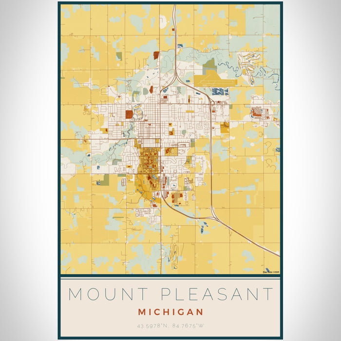 Mount Pleasant Michigan Map Print Portrait Orientation in Woodblock Style With Shaded Background