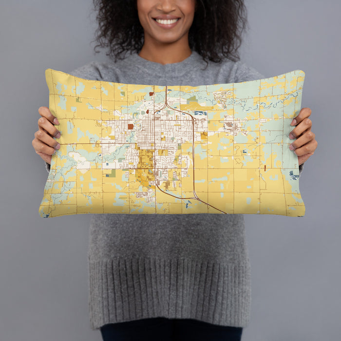 Person holding 20x12 Custom Mount Pleasant Michigan Map Throw Pillow in Woodblock