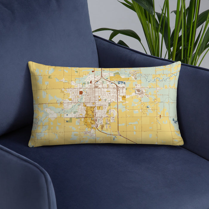 Custom Mount Pleasant Michigan Map Throw Pillow in Woodblock on Blue Colored Chair