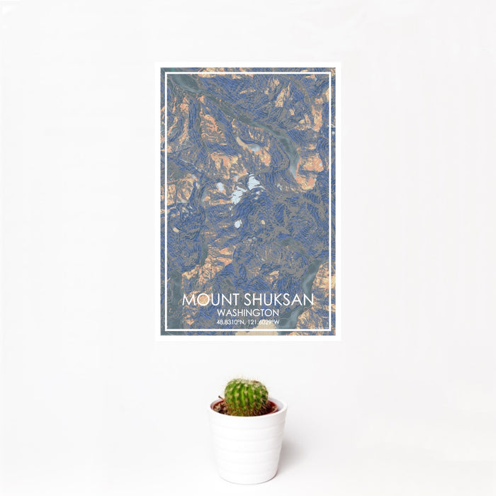12x18 Mount Shuksan Washington Map Print Portrait Orientation in Afternoon Style With Small Cactus Plant in White Planter