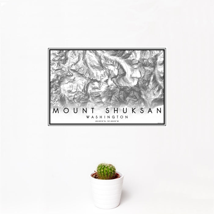 12x18 Mount Shuksan Washington Map Print Landscape Orientation in Classic Style With Small Cactus Plant in White Planter