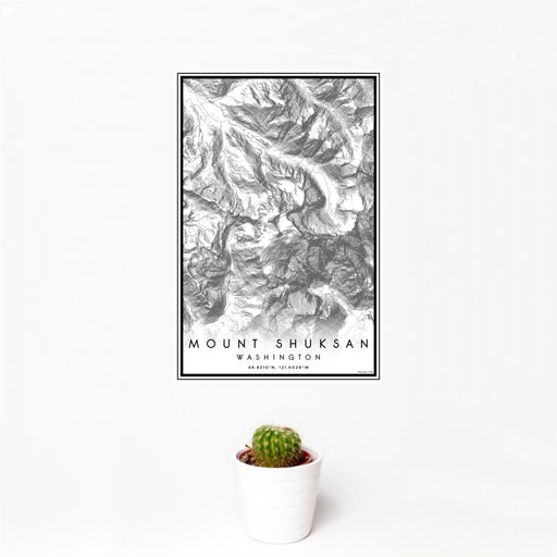 12x18 Mount Shuksan Washington Map Print Portrait Orientation in Classic Style With Small Cactus Plant in White Planter