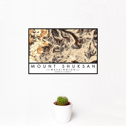 12x18 Mount Shuksan Washington Map Print Landscape Orientation in Ember Style With Small Cactus Plant in White Planter