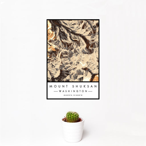 12x18 Mount Shuksan Washington Map Print Portrait Orientation in Ember Style With Small Cactus Plant in White Planter