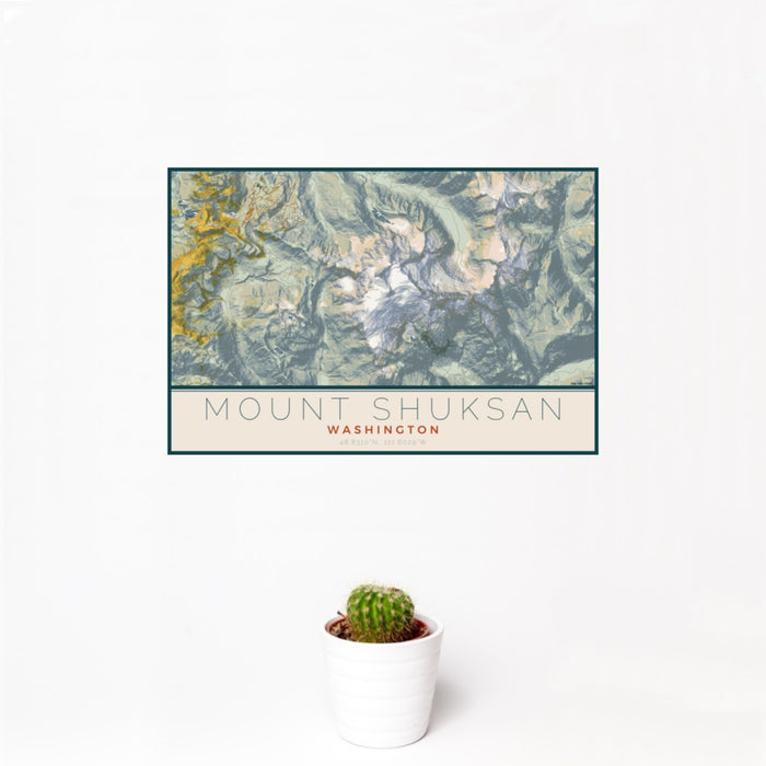 12x18 Mount Shuksan Washington Map Print Landscape Orientation in Woodblock Style With Small Cactus Plant in White Planter