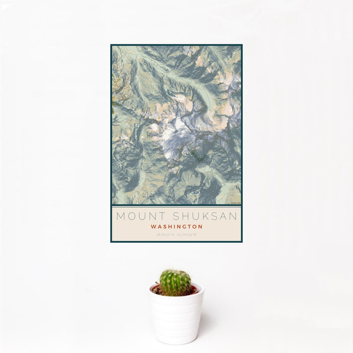 12x18 Mount Shuksan Washington Map Print Portrait Orientation in Woodblock Style With Small Cactus Plant in White Planter