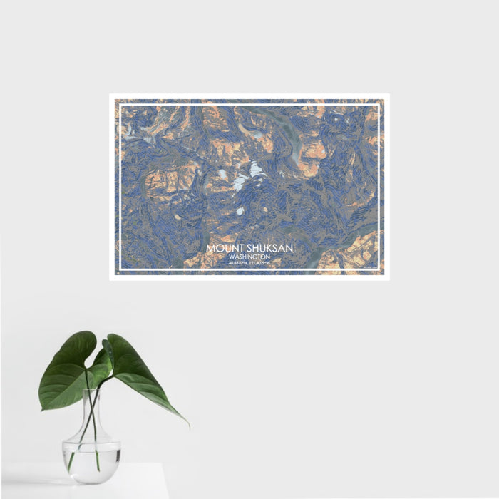 16x24 Mount Shuksan Washington Map Print Landscape Orientation in Afternoon Style With Tropical Plant Leaves in Water