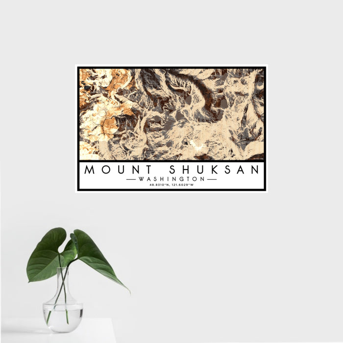 16x24 Mount Shuksan Washington Map Print Landscape Orientation in Ember Style With Tropical Plant Leaves in Water