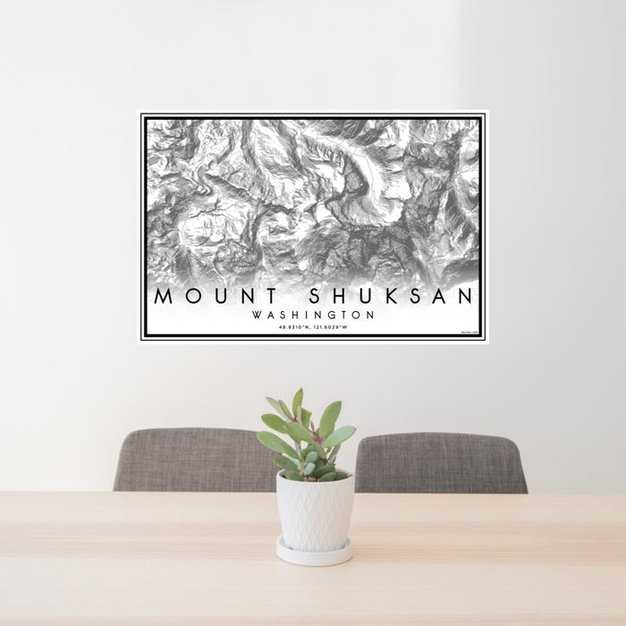 24x36 Mount Shuksan Washington Map Print Lanscape Orientation in Classic Style Behind 2 Chairs Table and Potted Plant