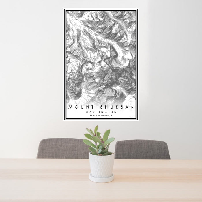 24x36 Mount Shuksan Washington Map Print Portrait Orientation in Classic Style Behind 2 Chairs Table and Potted Plant
