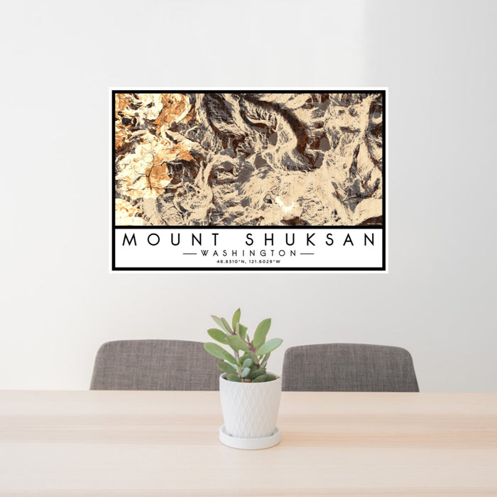 24x36 Mount Shuksan Washington Map Print Lanscape Orientation in Ember Style Behind 2 Chairs Table and Potted Plant