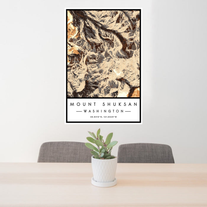 24x36 Mount Shuksan Washington Map Print Portrait Orientation in Ember Style Behind 2 Chairs Table and Potted Plant