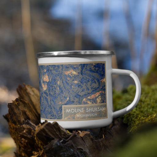 Right View Custom Mount Shuksan Washington Map Enamel Mug in Afternoon on Grass With Trees in Background