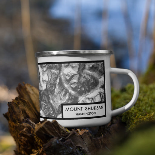 Right View Custom Mount Shuksan Washington Map Enamel Mug in Classic on Grass With Trees in Background