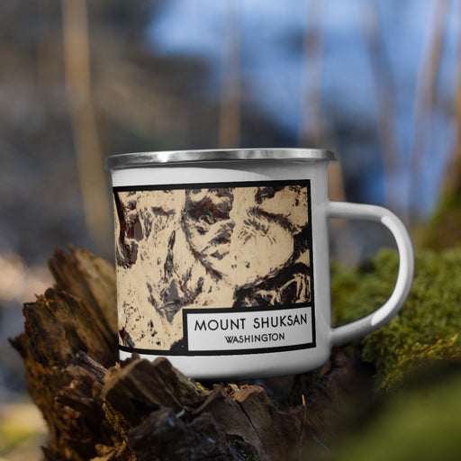 Right View Custom Mount Shuksan Washington Map Enamel Mug in Ember on Grass With Trees in Background