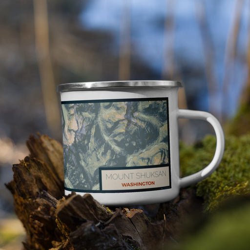 Right View Custom Mount Shuksan Washington Map Enamel Mug in Woodblock on Grass With Trees in Background
