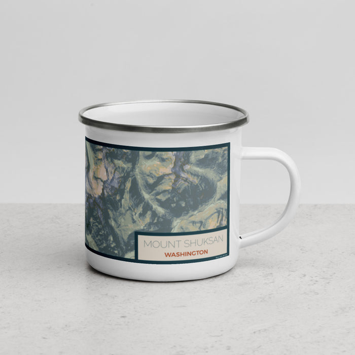 Right View Custom Mount Shuksan Washington Map Enamel Mug in Woodblock