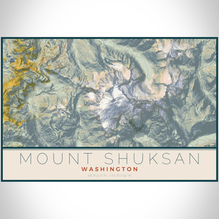 Mount Shuksan Washington Map Print Landscape Orientation in Woodblock Style With Shaded Background
