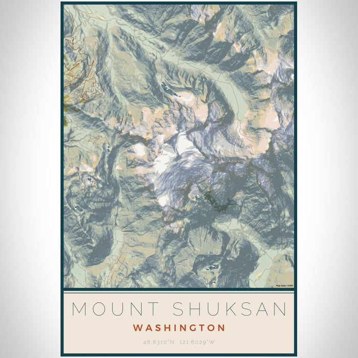 Mount Shuksan Washington Map Print Portrait Orientation in Woodblock Style With Shaded Background