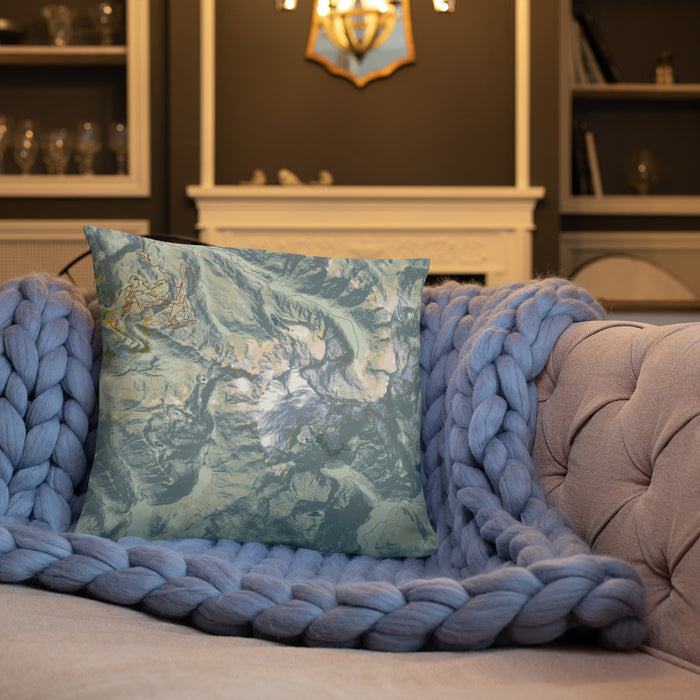 Custom Mount Shuksan Washington Map Throw Pillow in Woodblock on Cream Colored Couch