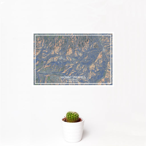 12x18 Mount Sneffels Colorado Map Print Landscape Orientation in Afternoon Style With Small Cactus Plant in White Planter