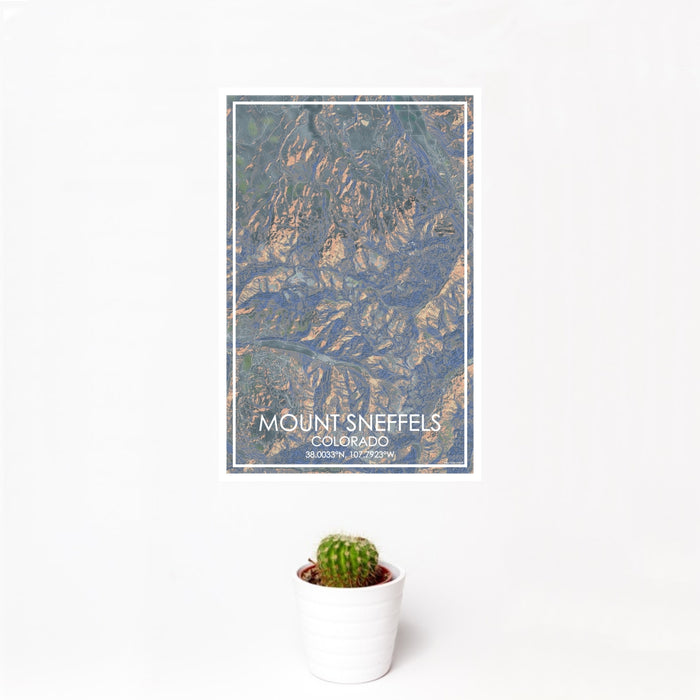 12x18 Mount Sneffels Colorado Map Print Portrait Orientation in Afternoon Style With Small Cactus Plant in White Planter