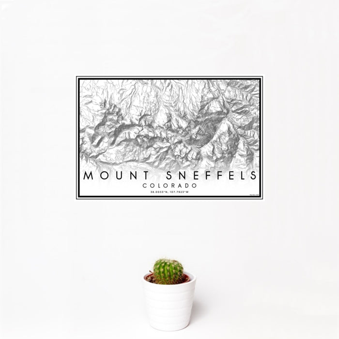 12x18 Mount Sneffels Colorado Map Print Landscape Orientation in Classic Style With Small Cactus Plant in White Planter
