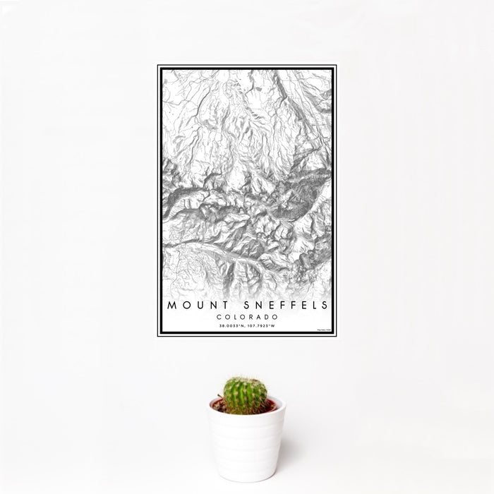 12x18 Mount Sneffels Colorado Map Print Portrait Orientation in Classic Style With Small Cactus Plant in White Planter