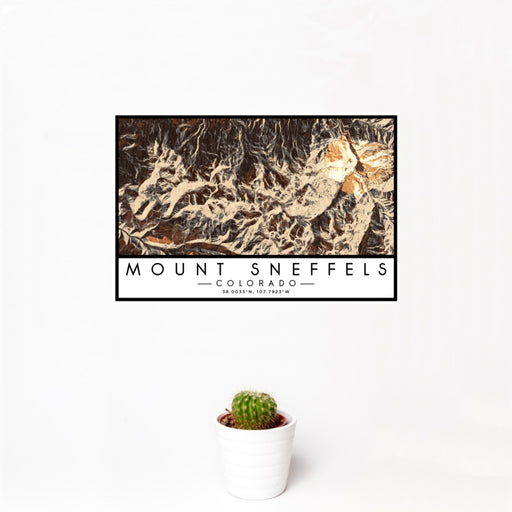 12x18 Mount Sneffels Colorado Map Print Landscape Orientation in Ember Style With Small Cactus Plant in White Planter