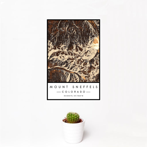 12x18 Mount Sneffels Colorado Map Print Portrait Orientation in Ember Style With Small Cactus Plant in White Planter